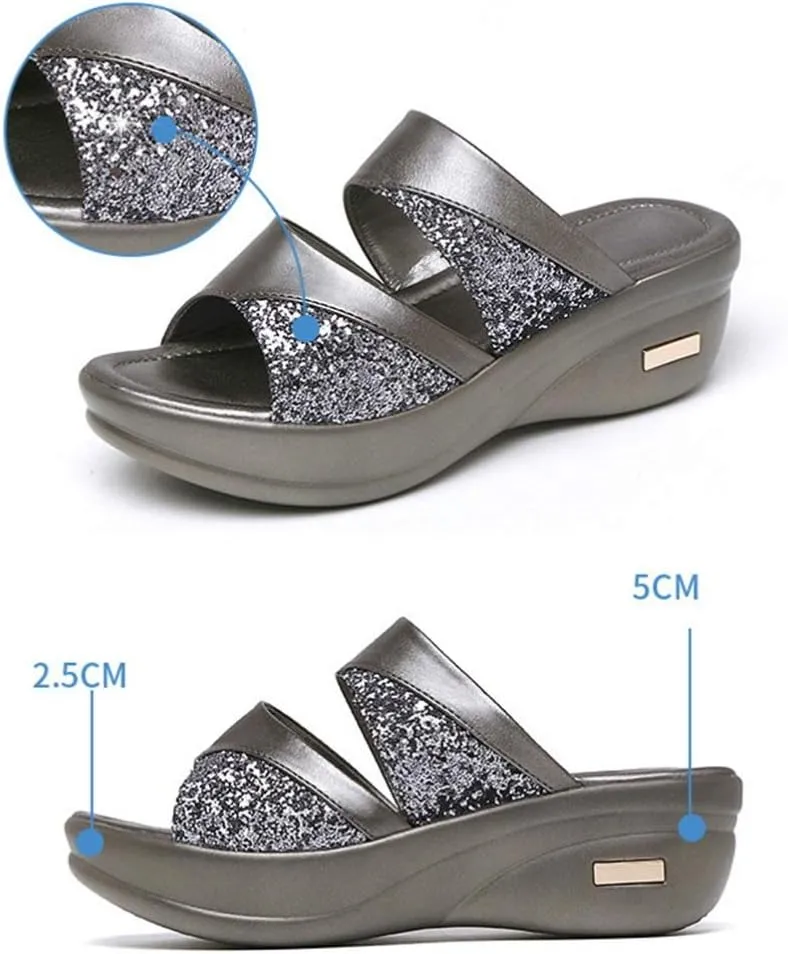 1 Pair Fish Mouth Sandals Single Band Slide Wedge Sexy Sequins Wedges Summer Backless Platform