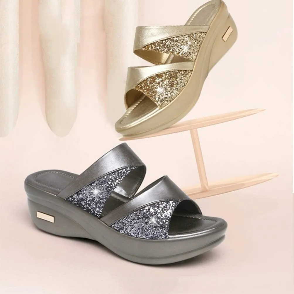 1 Pair Fish Mouth Sandals Single Band Slide Wedge Sexy Sequins Wedges Summer Backless Platform