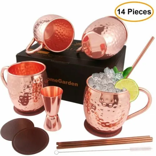 16OZ Moscow Mule Copper Mugs - Pure 100% Solid Hammered Unlined Copper Cups Set