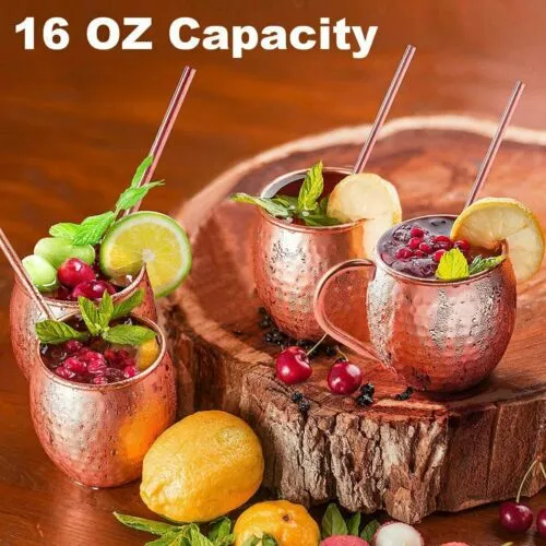 16OZ Moscow Mule Copper Mugs - Pure 100% Solid Hammered Unlined Copper Cups Set