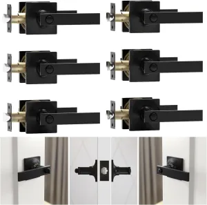 6 Pack Matte Black Door Handles - Privacy Door Levers Set, Keyless Black Interior Door Knobs, Modern Heavy Duty Square Door Lock for Bedroom or Bathroom, Reversible for Left Right Sided Doors