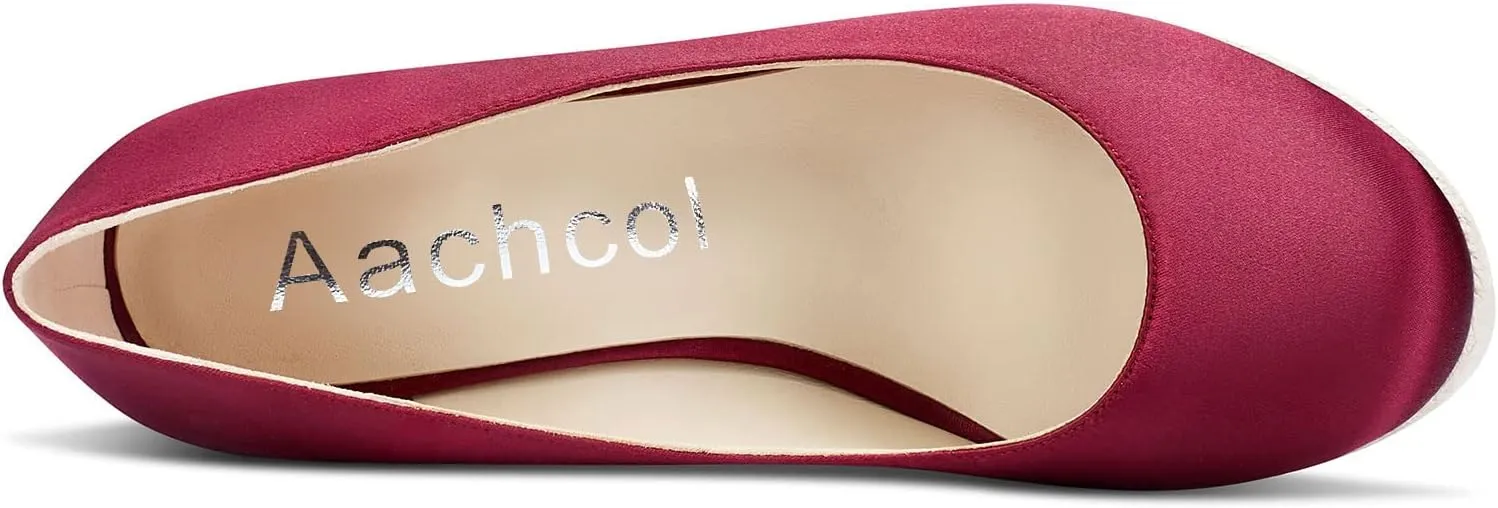 Aachcol Women Platform Wedge Pumps High Heel Close Round Toe Slip-on Dress Shoes Wedding Party 4 Inch