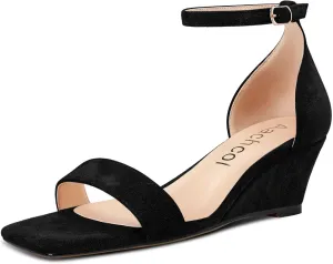 Aachcol Women Wedge Sandals Square Open Toe Mid Low Heel Ankle Strap Dress Shoes 2 Inch