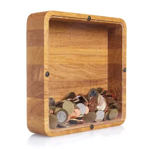 Adult piggy bank square - Wedding money box - Coin saving case for girls and boys - Unique wooden tip jar - Perfect eco friendly kid gift - Strong and natural oak wood 2 SIZES (Standard)
