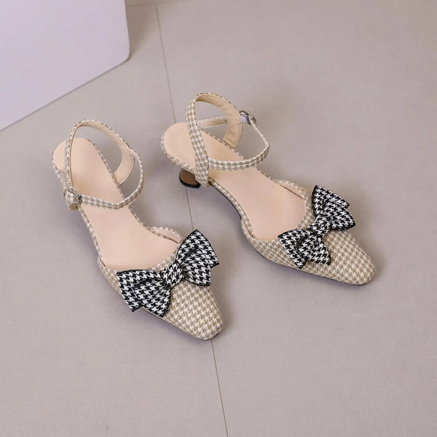 Aflngle Women's Kitten Low Heels Sandals Pointed Toe Closed Bowknot Ankle Strap Buckle Wedding Bridal Party Prom Dress Pumps Shoes
