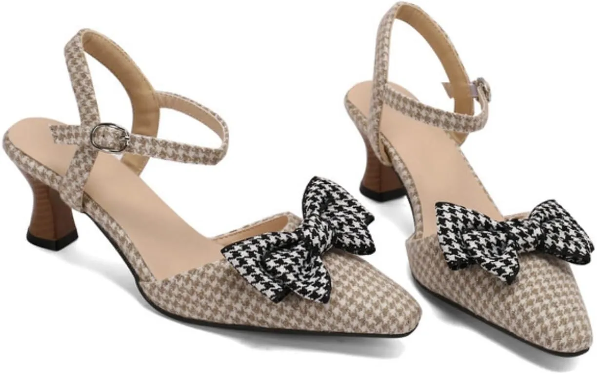 Aflngle Women's Kitten Low Heels Sandals Pointed Toe Closed Bowknot Ankle Strap Buckle Wedding Bridal Party Prom Dress Pumps Shoes