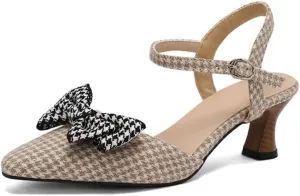 Aflngle Women's Kitten Low Heels Sandals Pointed Toe Closed Bowknot Ankle Strap Buckle Wedding Bridal Party Prom Dress Pumps Shoes