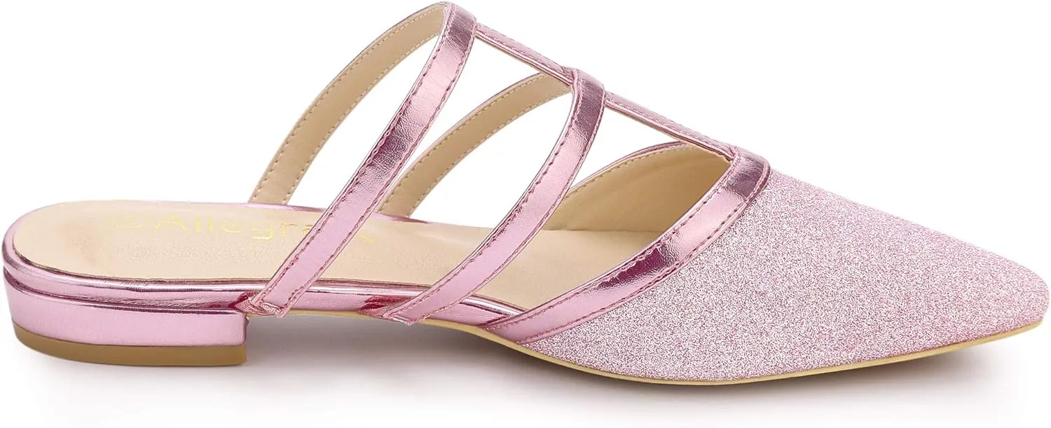 Allegra K Women's Glitter Pointed Toe Flat Mules