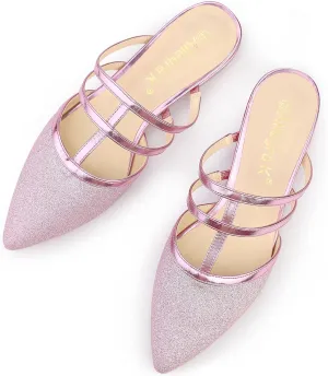 Allegra K Women's Glitter Pointed Toe Flat Mules