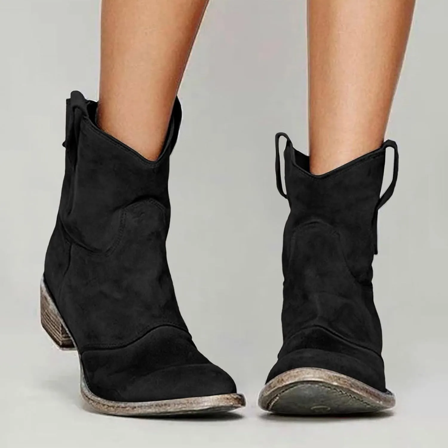 AMDBEL Boots for Women Ankle Booties, Women's Ankle Boots Chunky Low Heel Suede Mid Calf Zipper Cowboy Boots Winter Booties