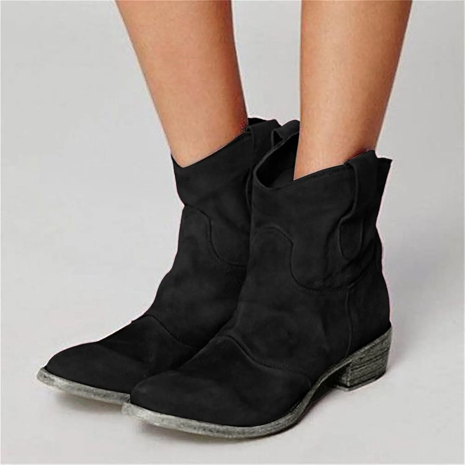 AMDBEL Boots for Women Ankle Booties, Women's Ankle Boots Chunky Low Heel Suede Mid Calf Zipper Cowboy Boots Winter Booties
