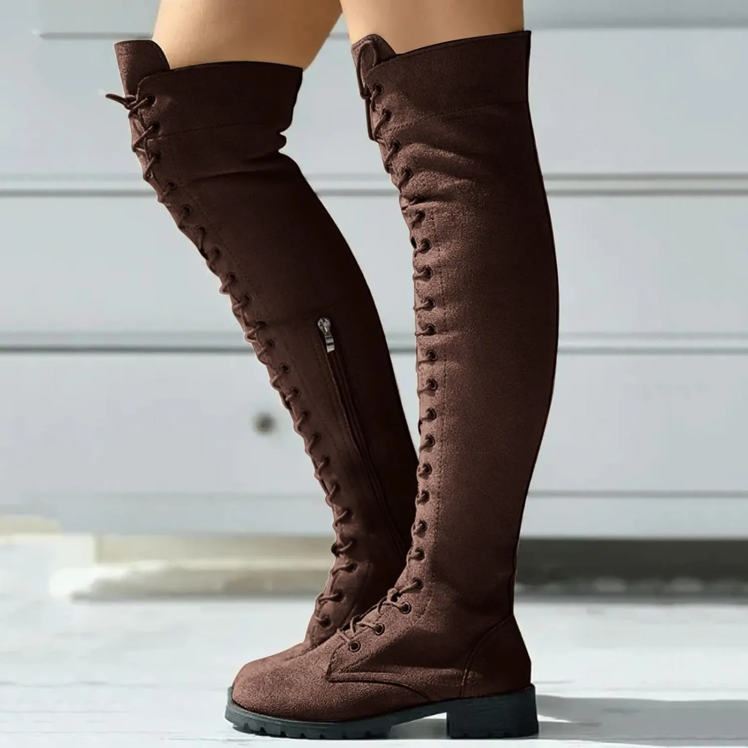 AMDBEL Boots for Women Knee High Wide Calf Boots Low Heel Boots Lace Up Over The Knee Suede Long Boots Fall Winter Shoes