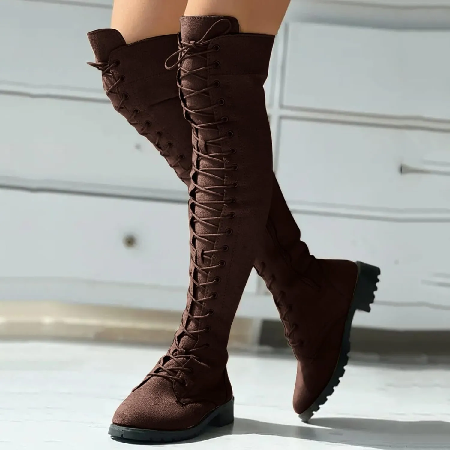 AMDBEL Boots for Women Knee High Wide Calf Boots Low Heel Boots Lace Up Over The Knee Suede Long Boots Fall Winter Shoes