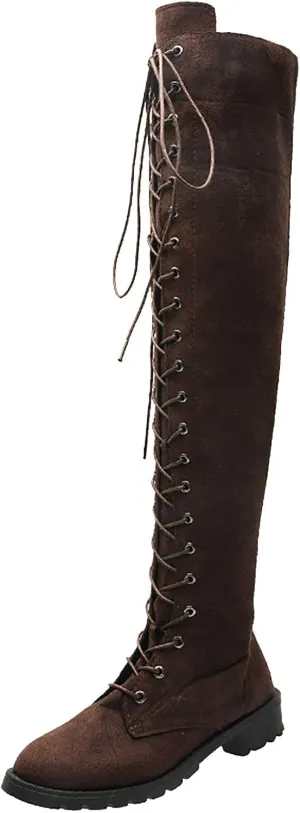 AMDBEL Boots for Women Knee High Wide Calf Boots Low Heel Boots Lace Up Over The Knee Suede Long Boots Fall Winter Shoes
