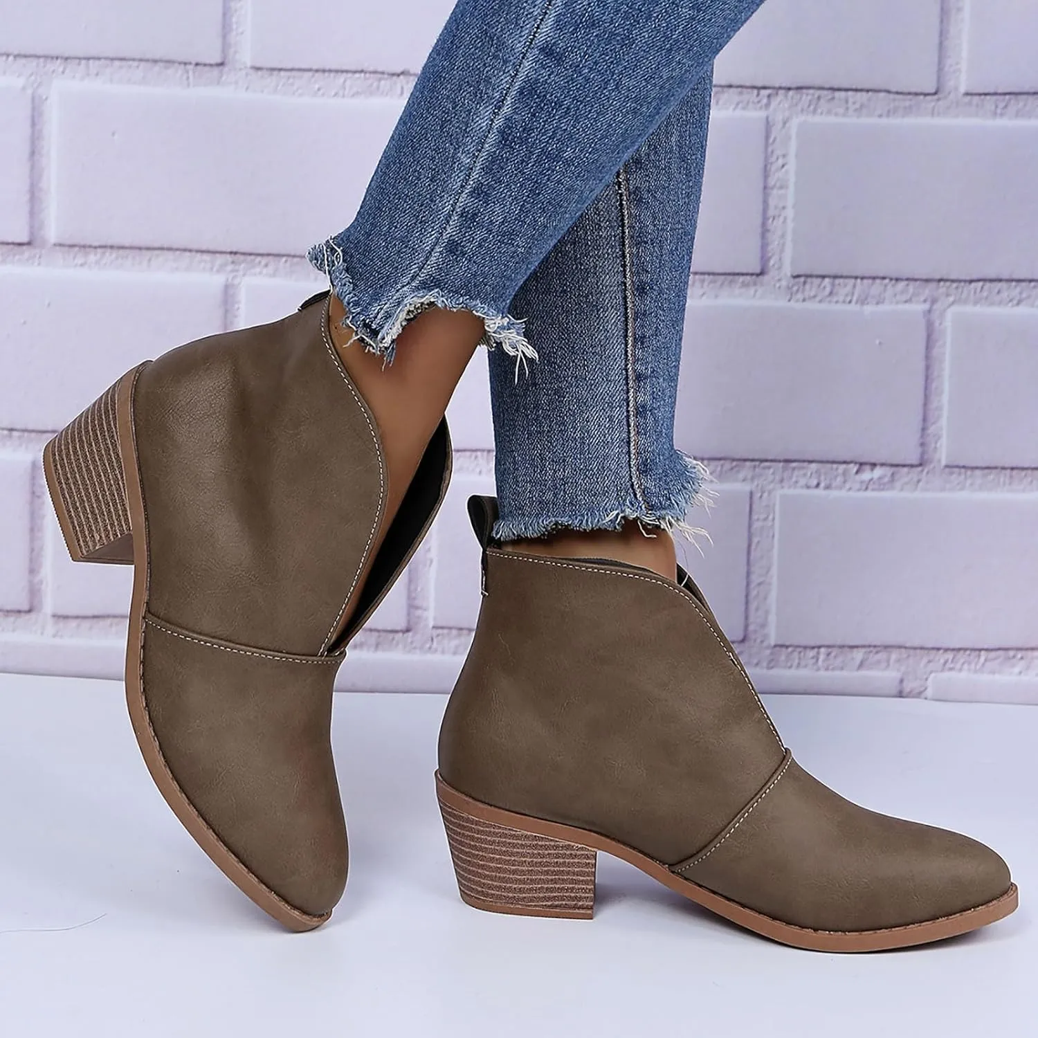 AMDBEL Fall Boots for Women 2024, Women's Ankle Boots Casual V Cut Slip On Chunky Heel Short Fall Winter Bootie Shoes