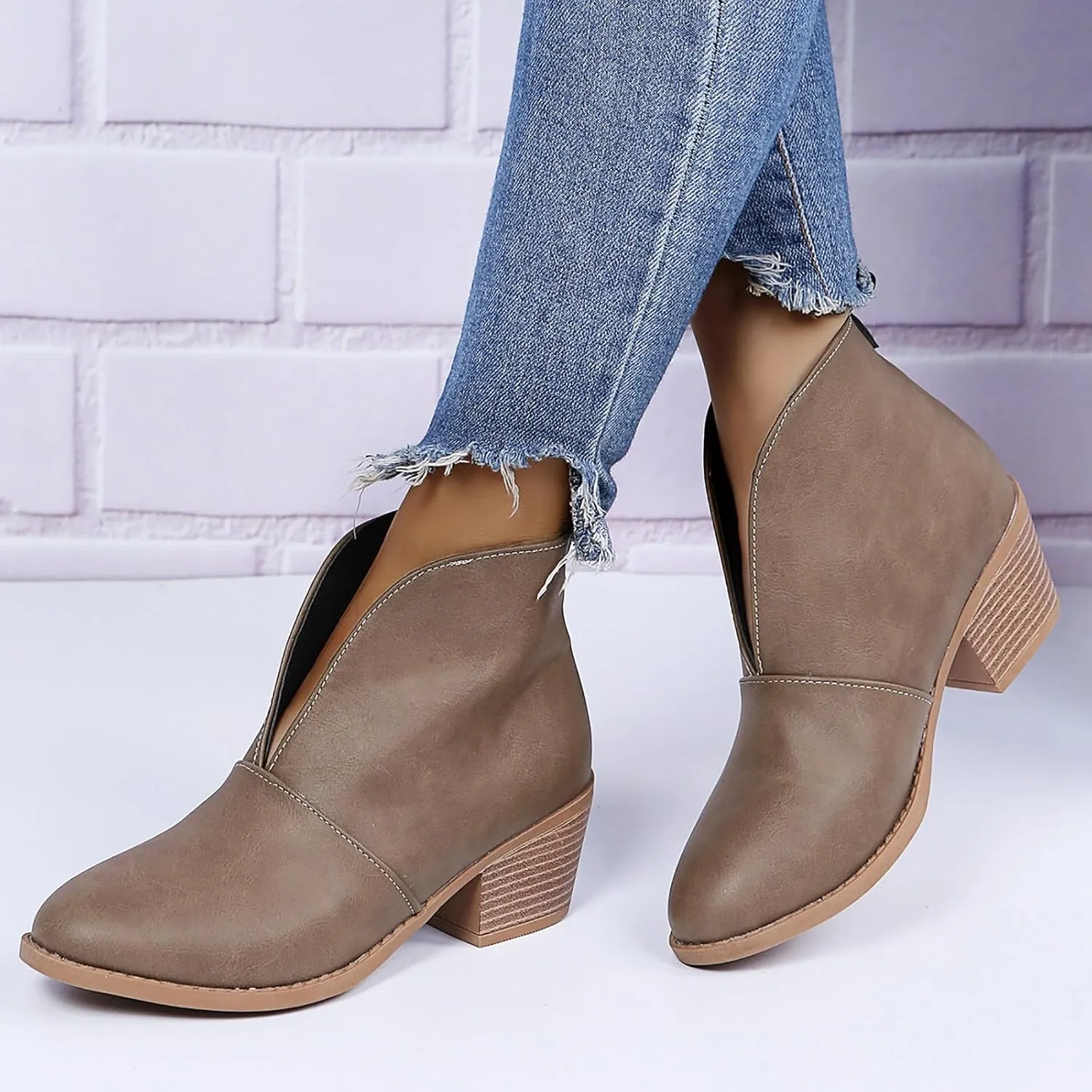AMDBEL Fall Boots for Women 2024, Women's Ankle Boots Casual V Cut Slip On Chunky Heel Short Fall Winter Bootie Shoes