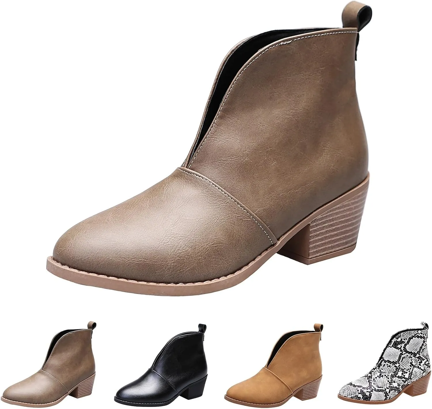 AMDBEL Fall Boots for Women 2024, Women's Ankle Boots Casual V Cut Slip On Chunky Heel Short Fall Winter Bootie Shoes