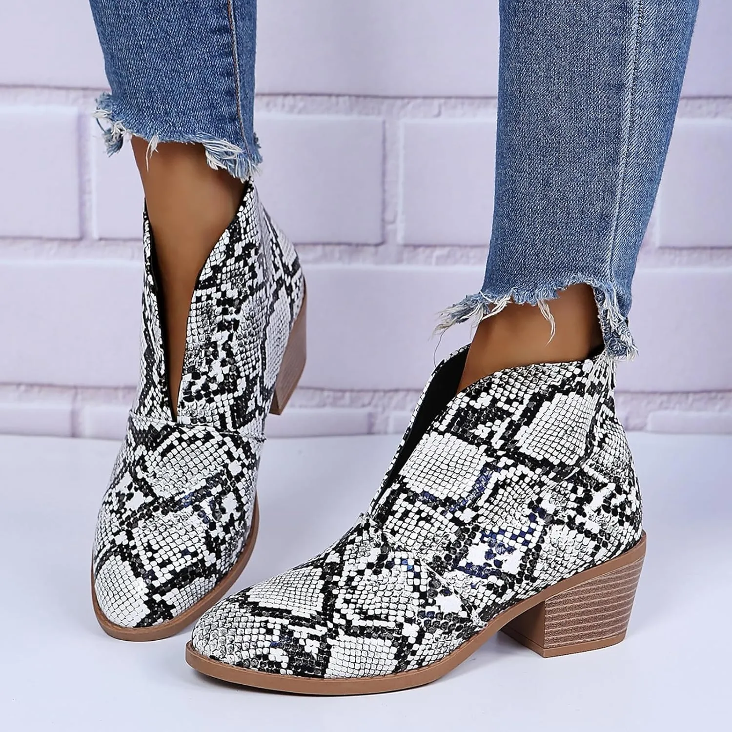 AMDBEL Winter Boots for Women 2024 Ankle Boots Casual V Cut Slip On Chunky Heel Short Fall Winter Bootie Shoes