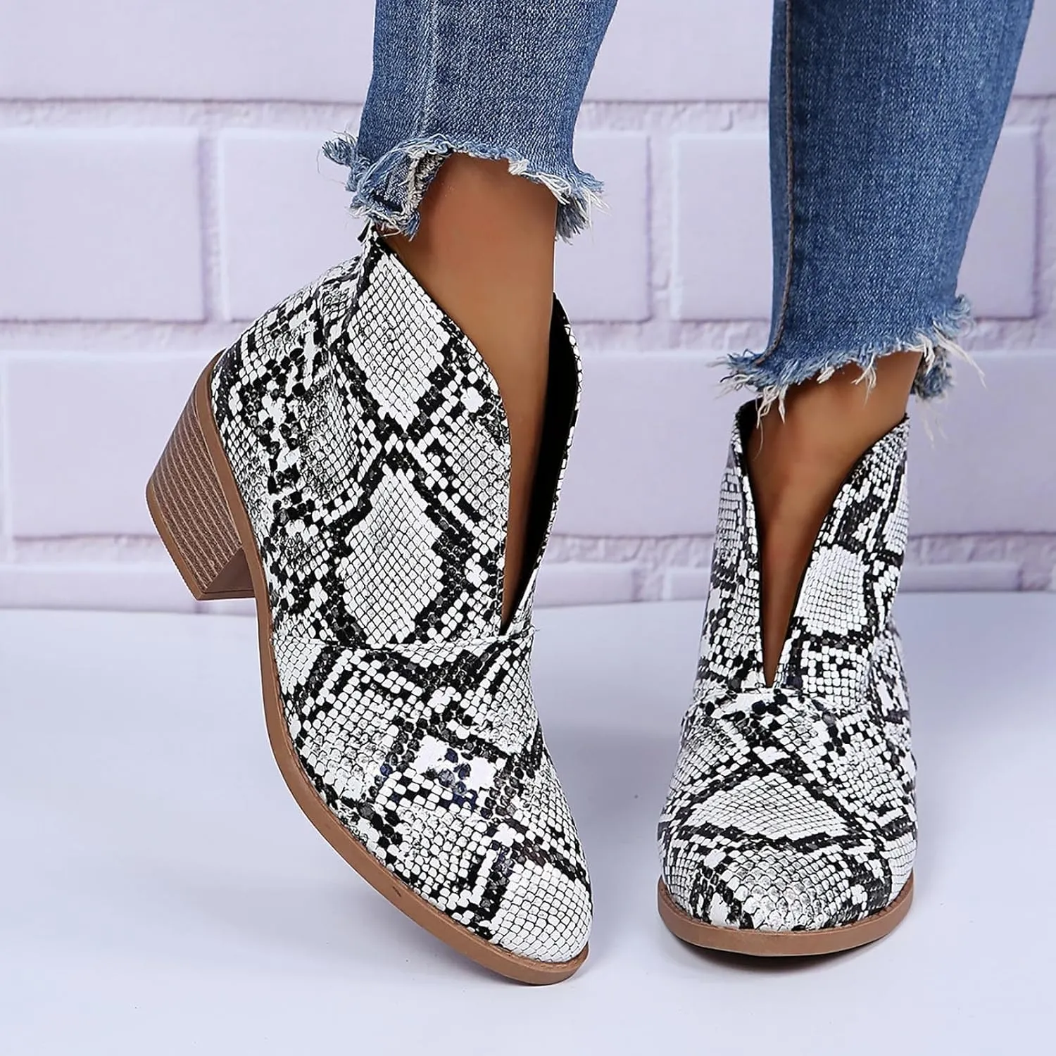 AMDBEL Winter Boots for Women 2024 Ankle Boots Casual V Cut Slip On Chunky Heel Short Fall Winter Bootie Shoes