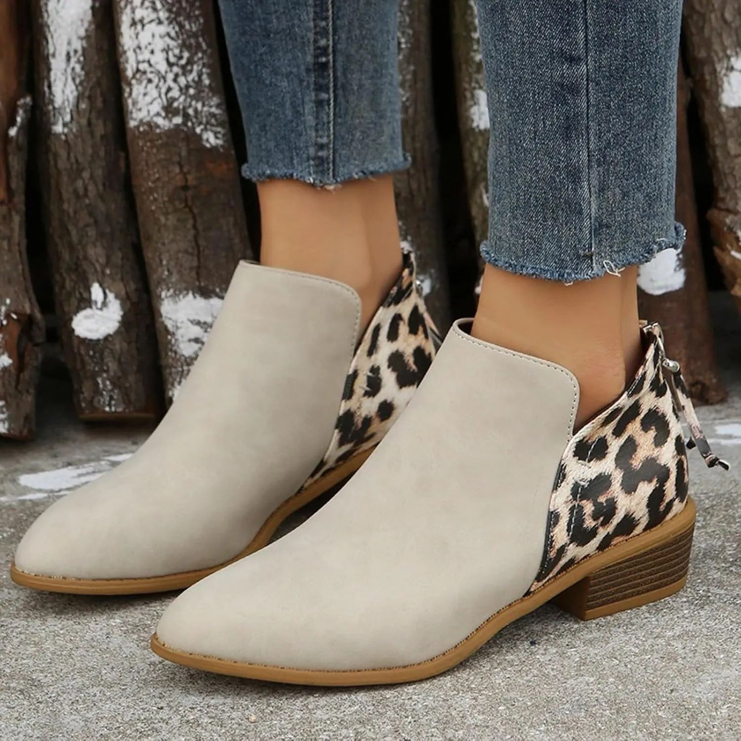 AMDBEL Winter Boots for Women 2024 Ankle Boots Round Toe Leopard Print Side Zipper Short Boot Winter Walking Shoes