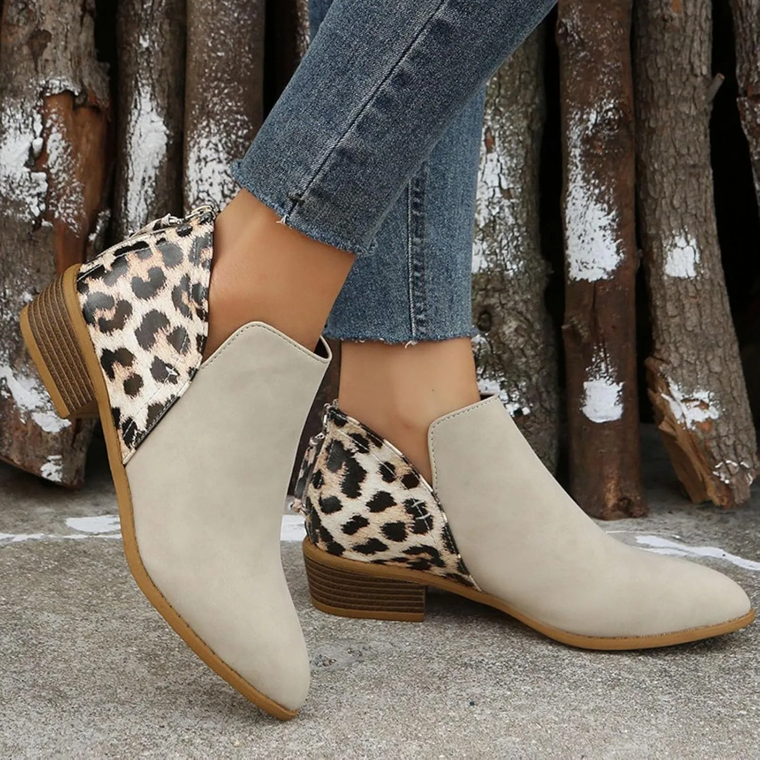 AMDBEL Winter Boots for Women 2024 Ankle Boots Round Toe Leopard Print Side Zipper Short Boot Winter Walking Shoes