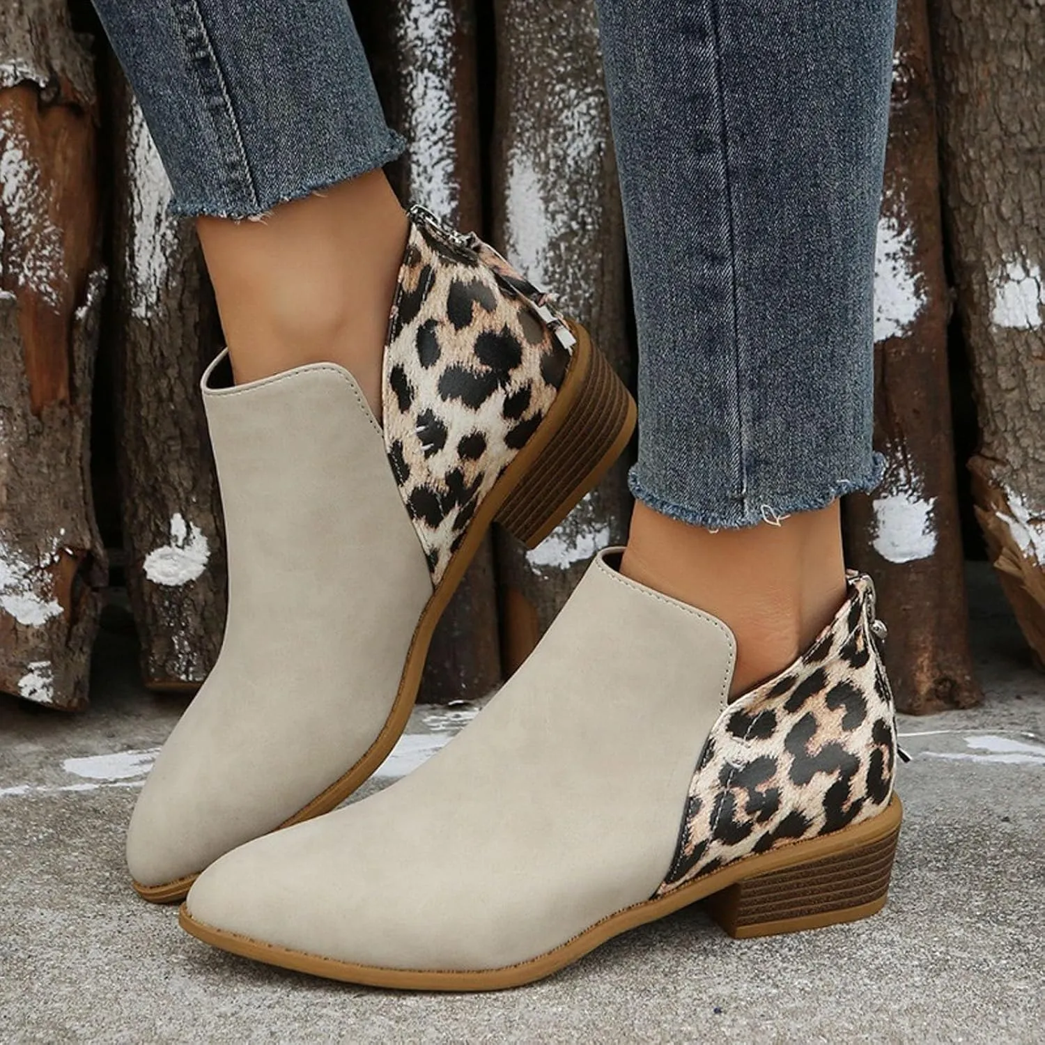 AMDBEL Winter Boots for Women 2024 Ankle Boots Round Toe Leopard Print Side Zipper Short Boot Winter Walking Shoes