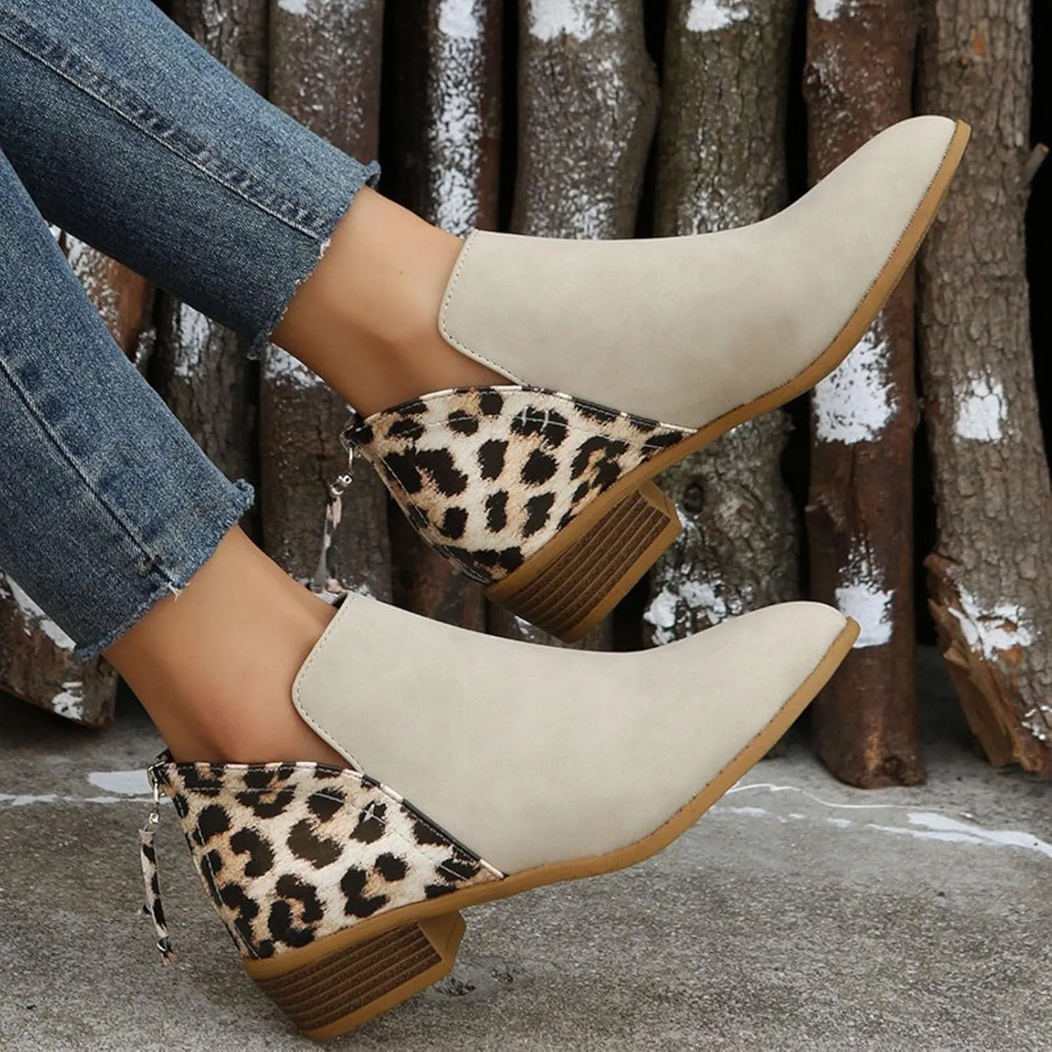 AMDBEL Winter Boots for Women 2024 Ankle Boots Round Toe Leopard Print Side Zipper Short Boot Winter Walking Shoes