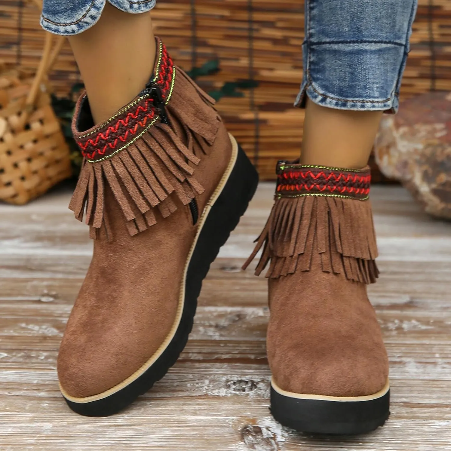 AMDBEL Winter Boots for Women 2024 Ankle Boots Thick Wedge Heel Tassel Short Boots Casual Winter Walking Shoes