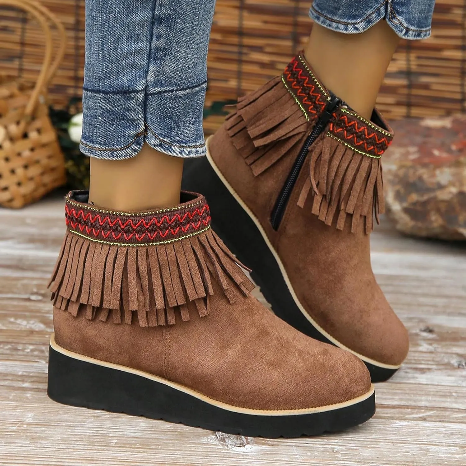 AMDBEL Winter Boots for Women 2024 Ankle Boots Thick Wedge Heel Tassel Short Boots Casual Winter Walking Shoes