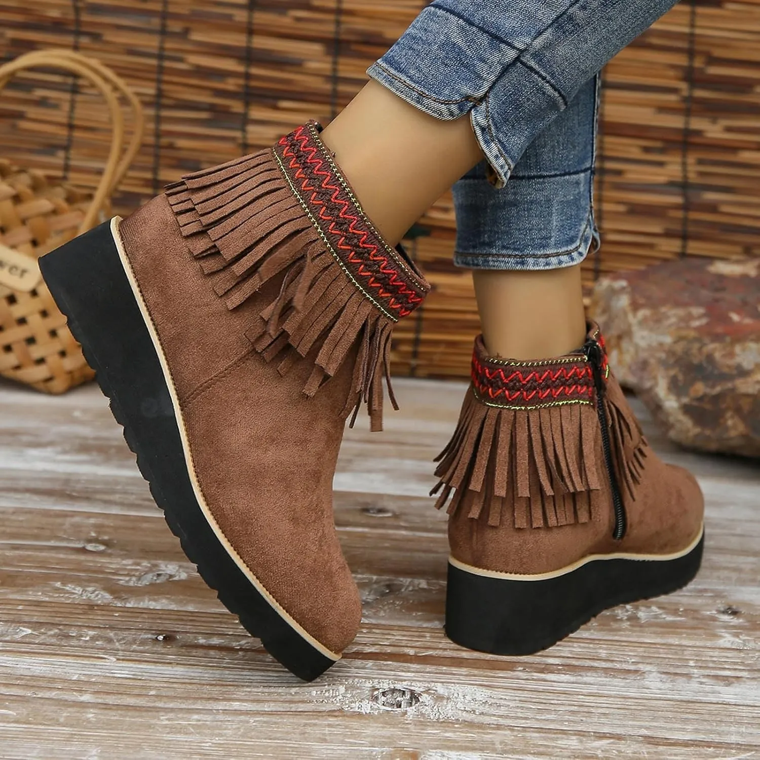 AMDBEL Winter Boots for Women 2024 Ankle Boots Thick Wedge Heel Tassel Short Boots Casual Winter Walking Shoes