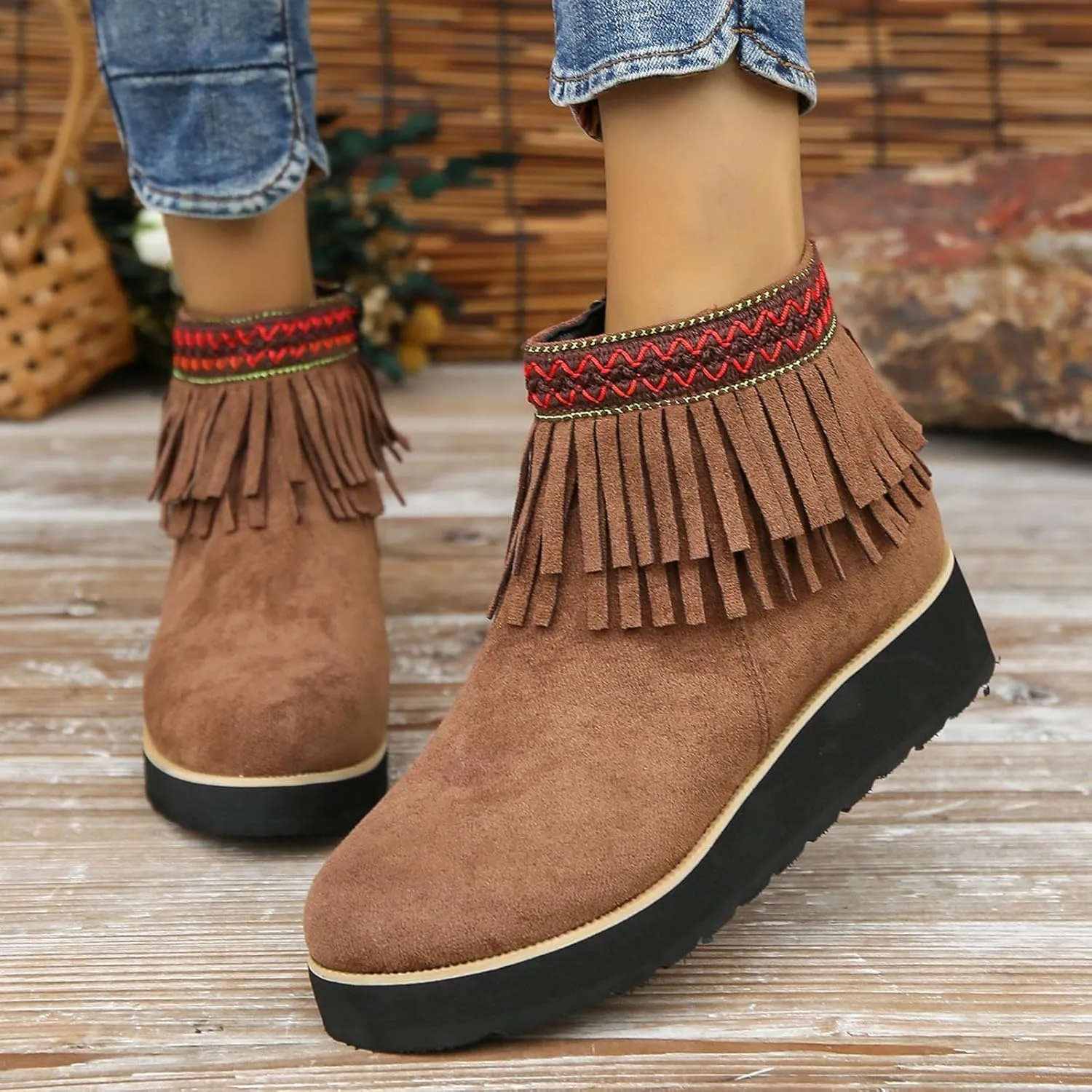 AMDBEL Winter Boots for Women 2024 Ankle Boots Thick Wedge Heel Tassel Short Boots Casual Winter Walking Shoes