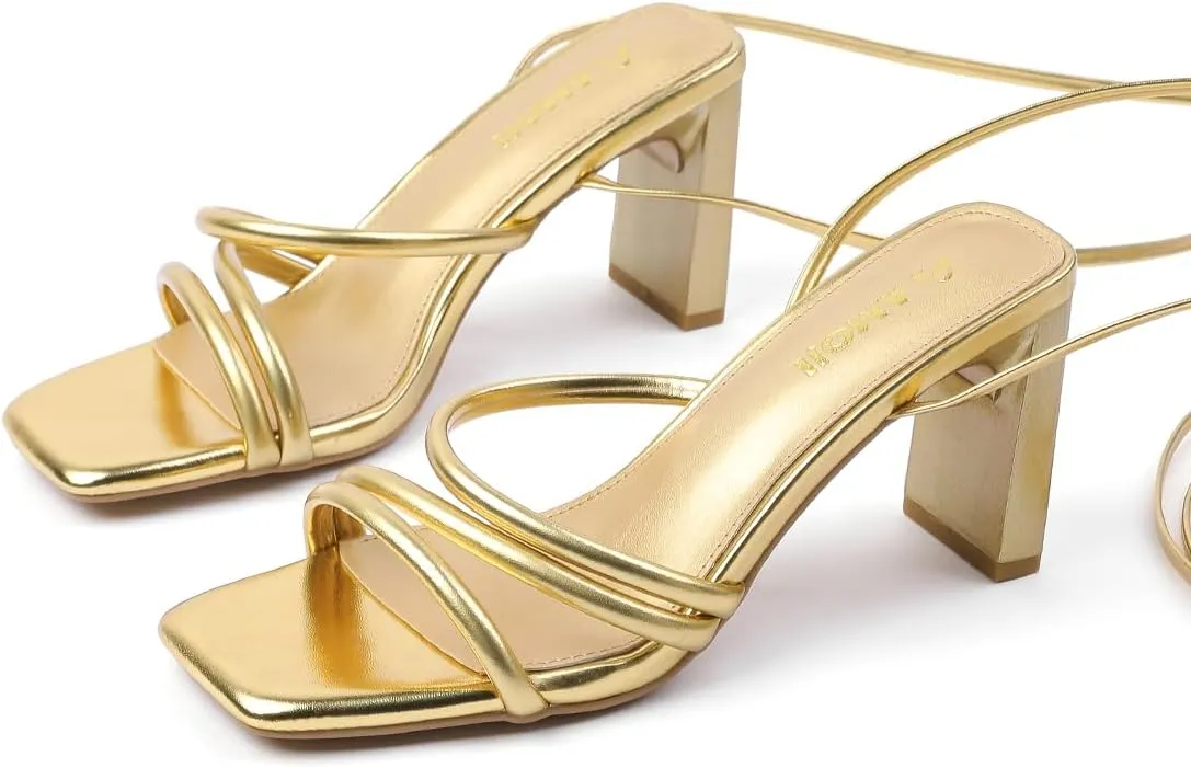 Amoji Women 3 Inch Strappy Heels Lady Strap Up Heeled Sandal Wedding Party Shoes 331