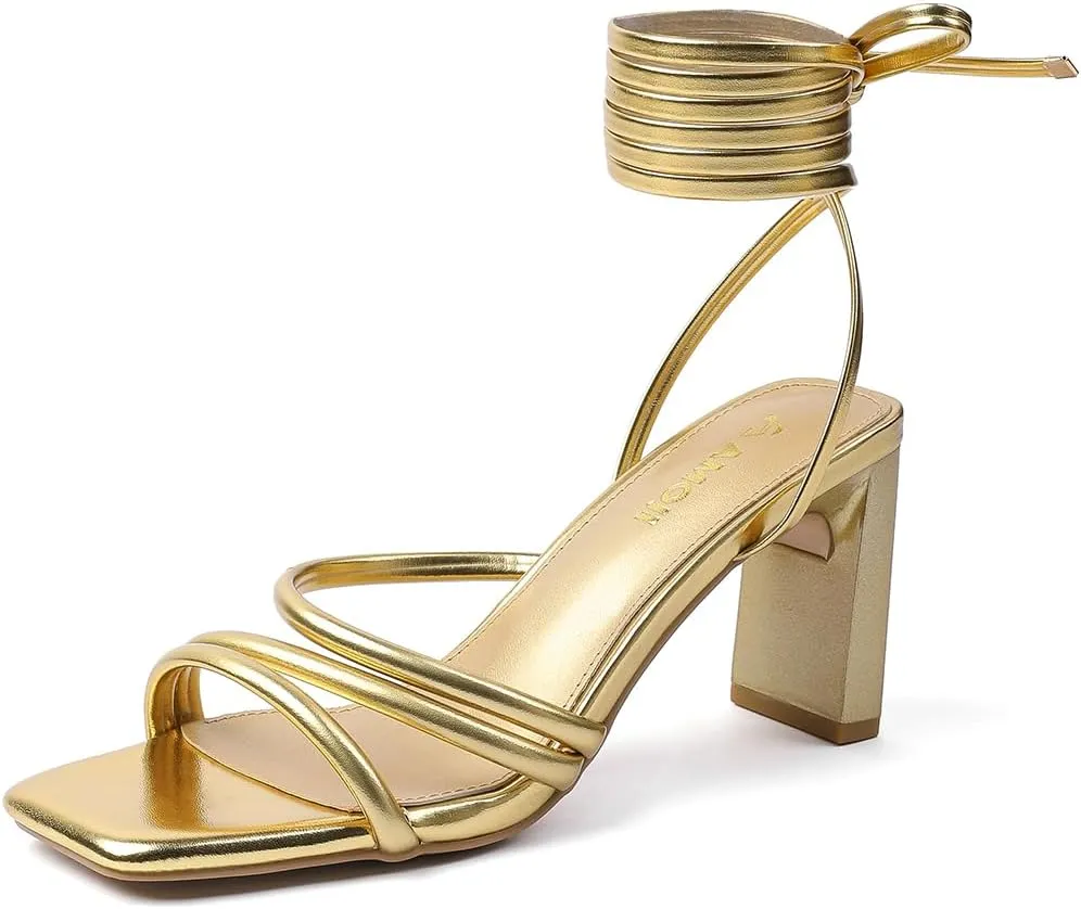 Amoji Women 3 Inch Strappy Heels Lady Strap Up Heeled Sandal Wedding Party Shoes 331