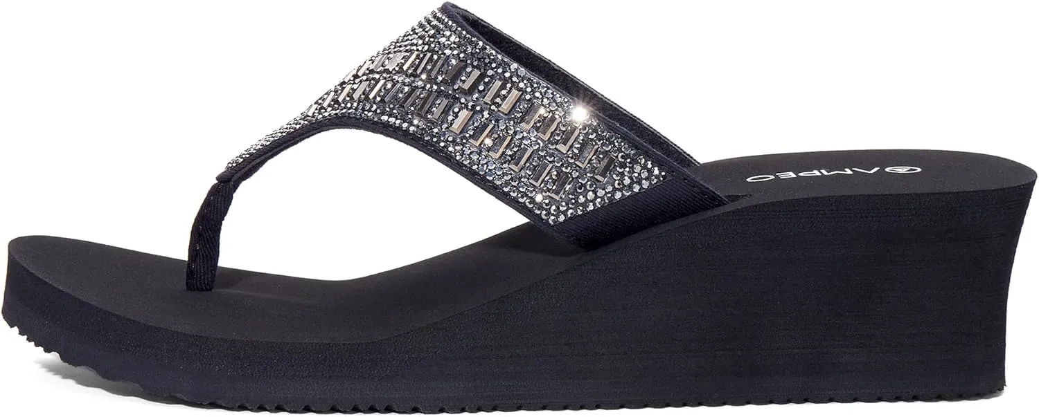 Ampeo Women's Wedge Sandals Rhinestone Thong Platform Flip Flops