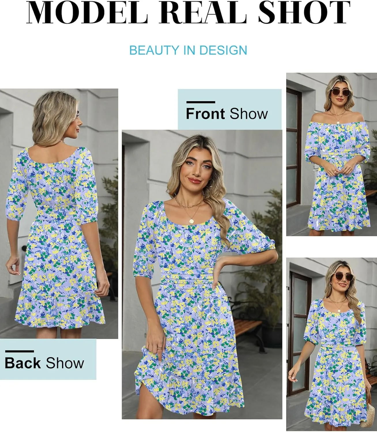 ANRABESS Women Summer Casual Short Lantern Sleeve Square Neck A-Line Flowy Boho Mini Dress 2025 Trendy Beach Travel Clothes