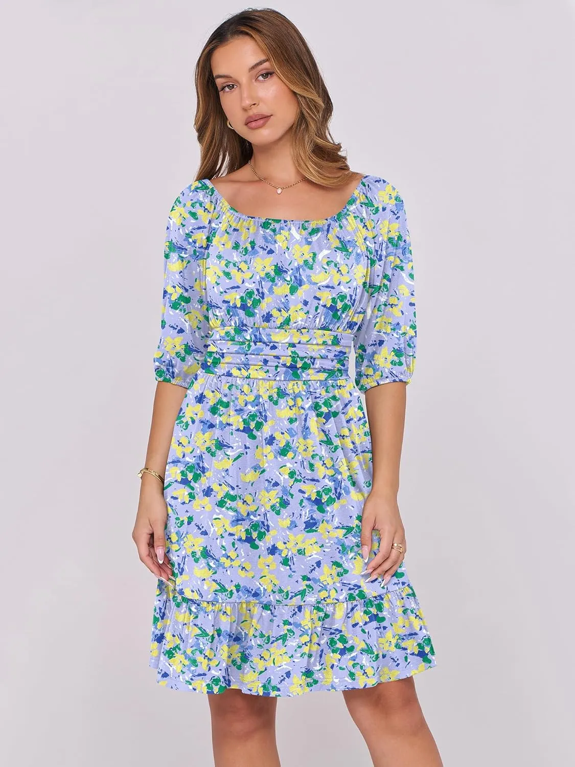 ANRABESS Women Summer Casual Short Lantern Sleeve Square Neck A-Line Flowy Boho Mini Dress 2025 Trendy Beach Travel Clothes