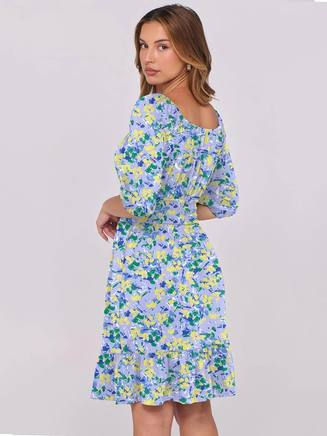 ANRABESS Women Summer Casual Short Lantern Sleeve Square Neck A-Line Flowy Boho Mini Dress 2025 Trendy Beach Travel Clothes