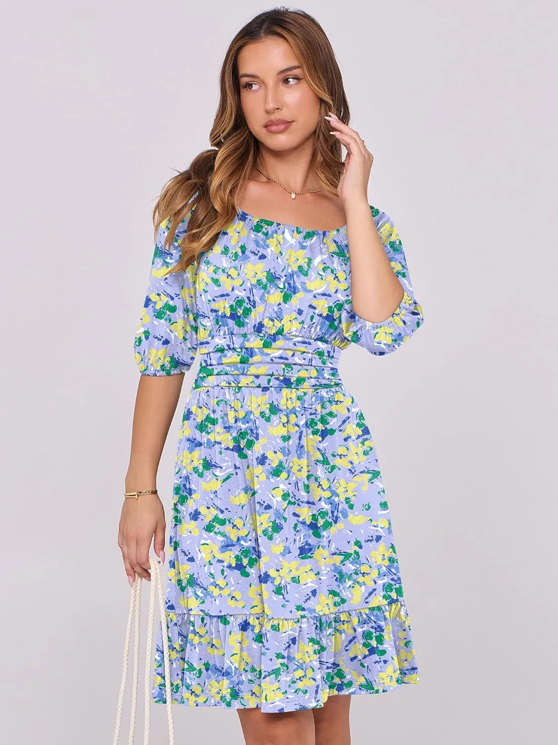 ANRABESS Women Summer Casual Short Lantern Sleeve Square Neck A-Line Flowy Boho Mini Dress 2025 Trendy Beach Travel Clothes