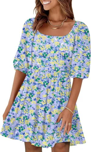 ANRABESS Women Summer Casual Short Lantern Sleeve Square Neck A-Line Flowy Boho Mini Dress 2025 Trendy Beach Travel Clothes