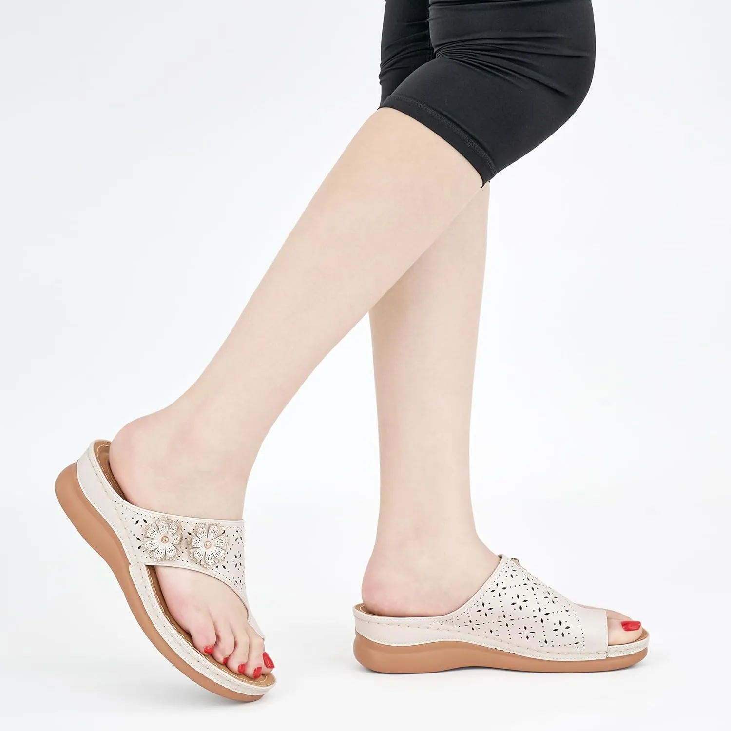 Aomigoct Sandals for Women Wedge Shoes: Double Flowers Decor Comfortable Orthopedic Sandals Womens Dressy Summer Flip Flops Casual Walking Wedges