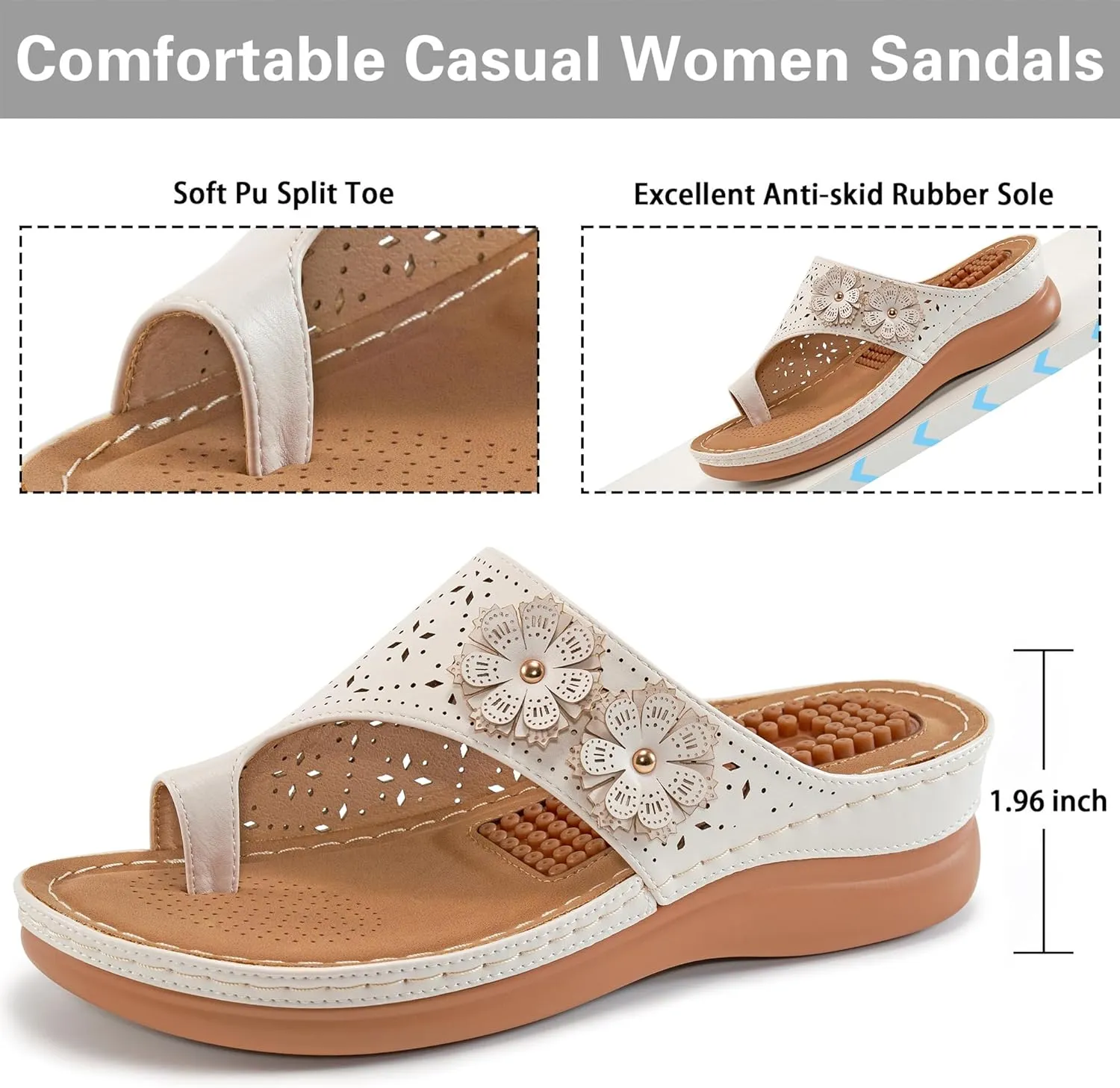 Aomigoct Sandals for Women Wedge Shoes: Double Flowers Decor Comfortable Orthopedic Sandals Womens Dressy Summer Flip Flops Casual Walking Wedges