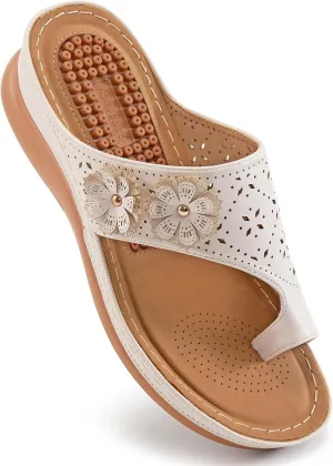 Aomigoct Sandals for Women Wedge Shoes: Double Flowers Decor Comfortable Orthopedic Sandals Womens Dressy Summer Flip Flops Casual Walking Wedges