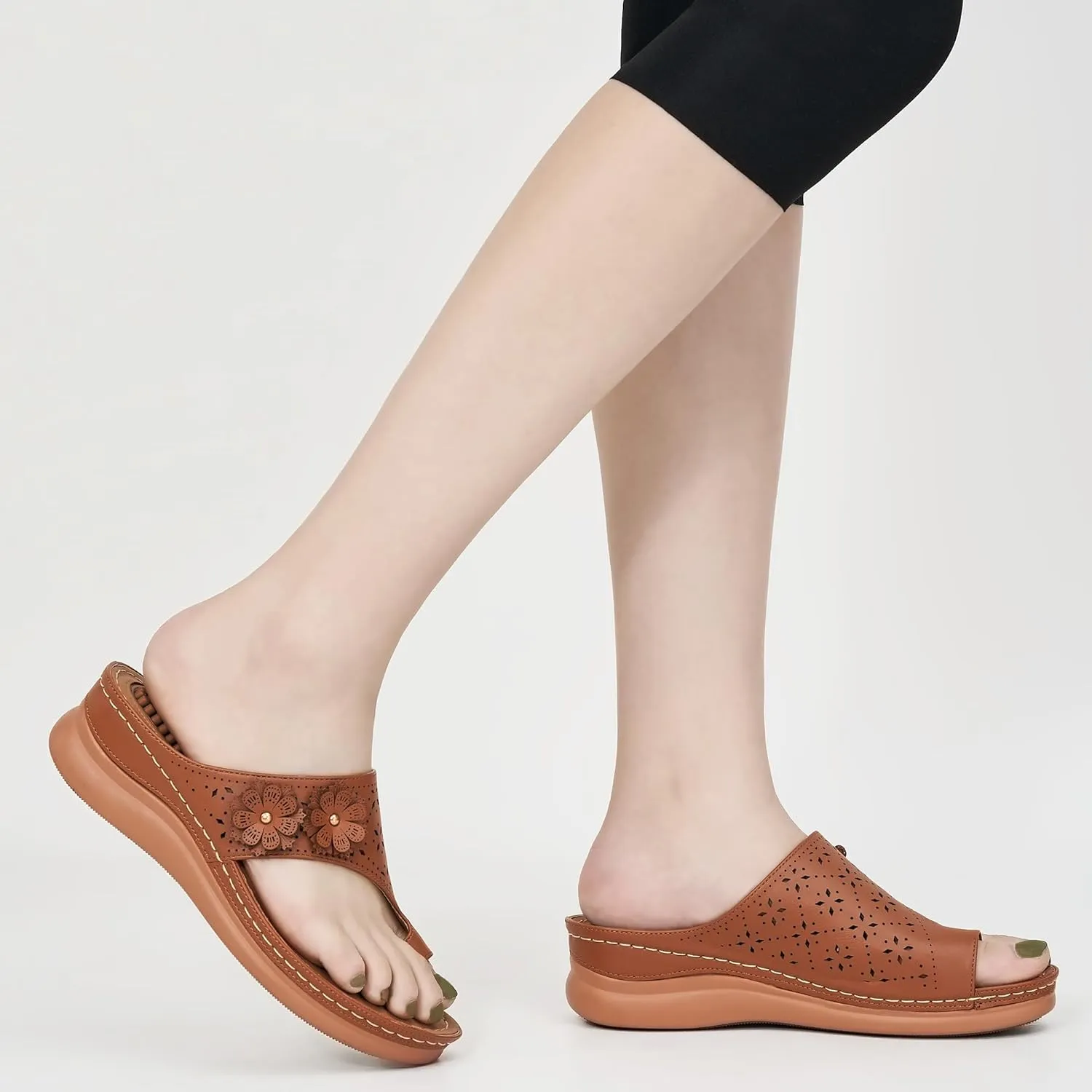 Aomigoct Sandals for Women Wedge Shoes: Double Flowers Decor Comfortable Orthopedic Sandals Womens Dressy Summer Flip Flops Casual Walking Wedges