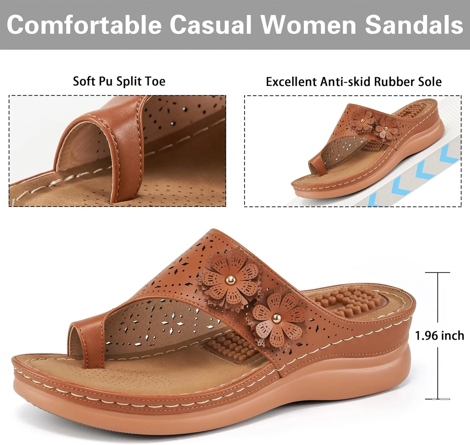 Aomigoct Sandals for Women Wedge Shoes: Double Flowers Decor Comfortable Orthopedic Sandals Womens Dressy Summer Flip Flops Casual Walking Wedges