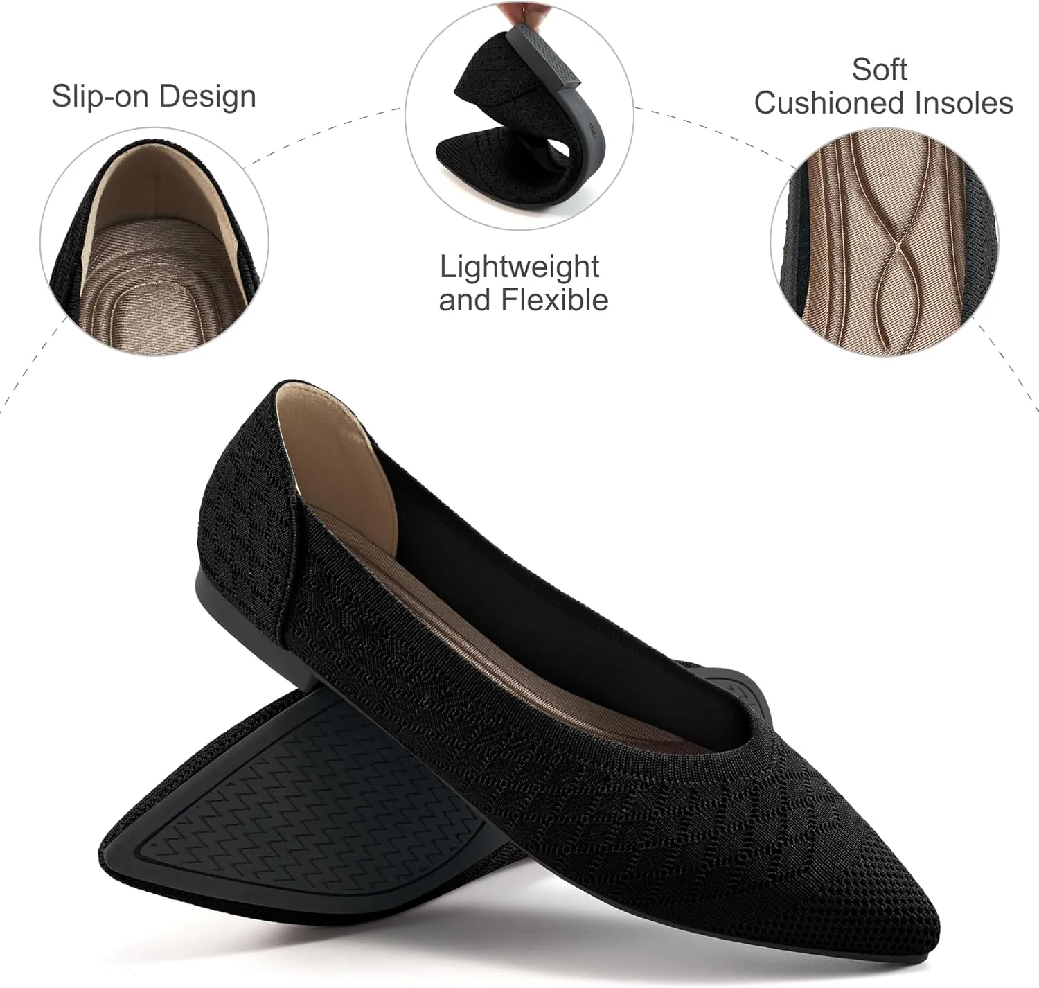 Aomigoct Womens Ballet Flats Dress: Comfortable Pointed Toe Knit Flat for Women - Casual Slip On Walking Shoes