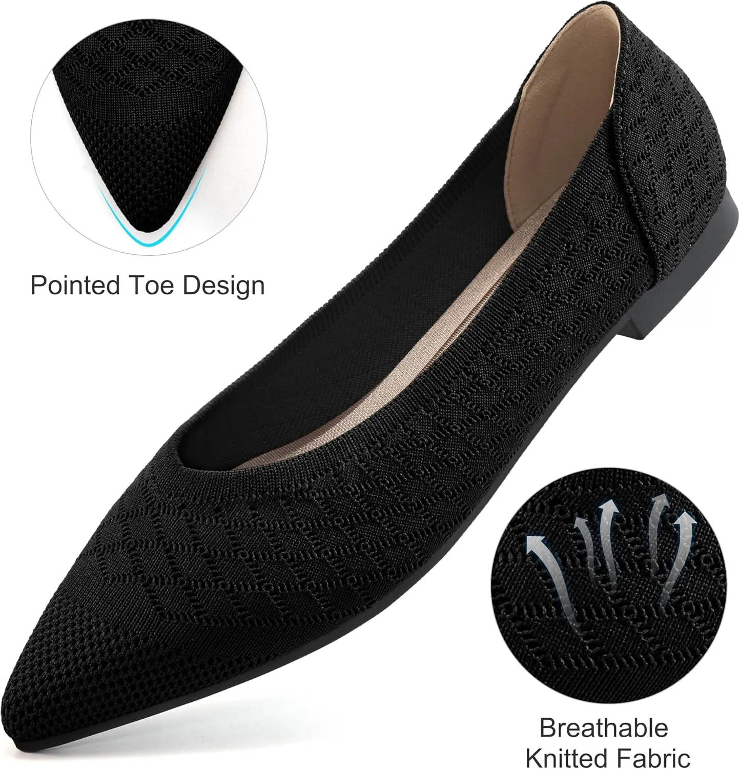 Aomigoct Womens Ballet Flats Dress: Comfortable Pointed Toe Knit Flat for Women - Casual Slip On Walking Shoes