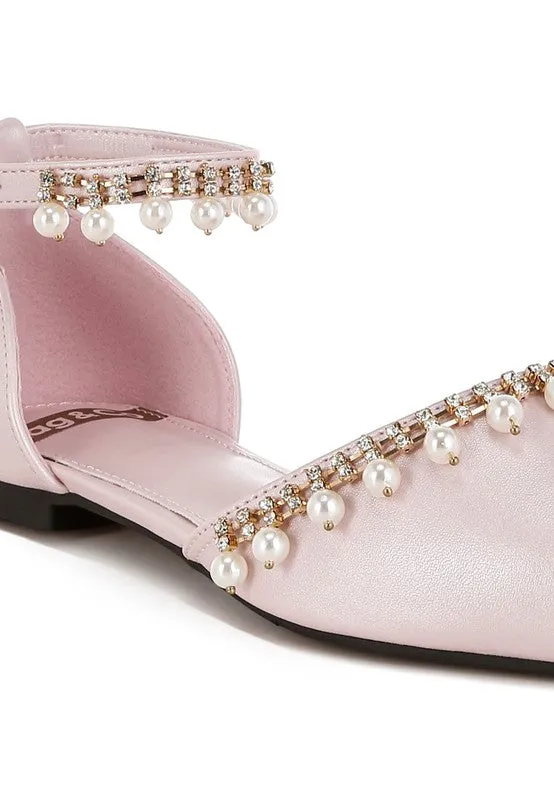 Aouva Rhinestone & Pearl Ankle Strap Flat Sandals