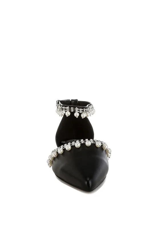 Aouva Rhinestone & Pearl Ankle Strap Flat Sandals