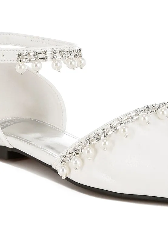 Aouva Rhinestone & Pearl Ankle Strap Flat Sandals