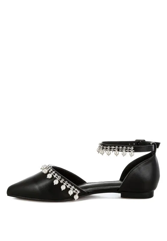 Aouva Rhinestone & Pearl Ankle Strap Flat Sandals